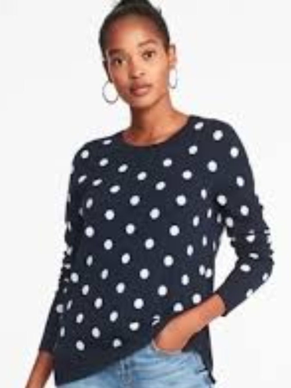 Old Navy Navy and White Polka Dot Crewneck Sweater